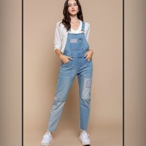 POL Blue Denim Patchwork Jumpsuit overalls NWT.  Firm 45 $ lowest I can offer